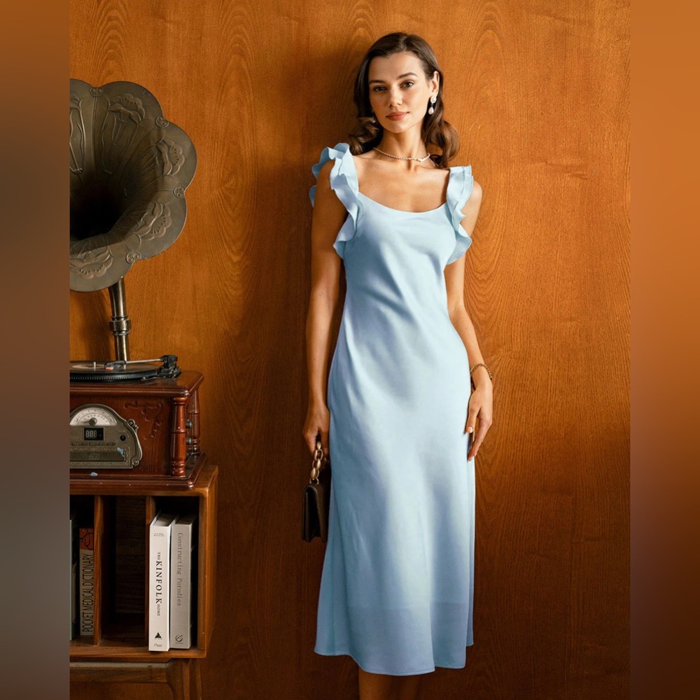 Rihoas Blue Square Neck Ruffle Satin Midi Dress